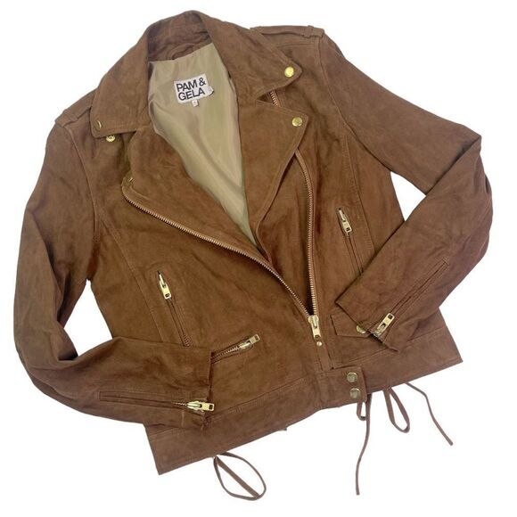 Pam & Gela Suede Chocolate Brown Lace-Up Moto Jacket - Picture 2 of 9
